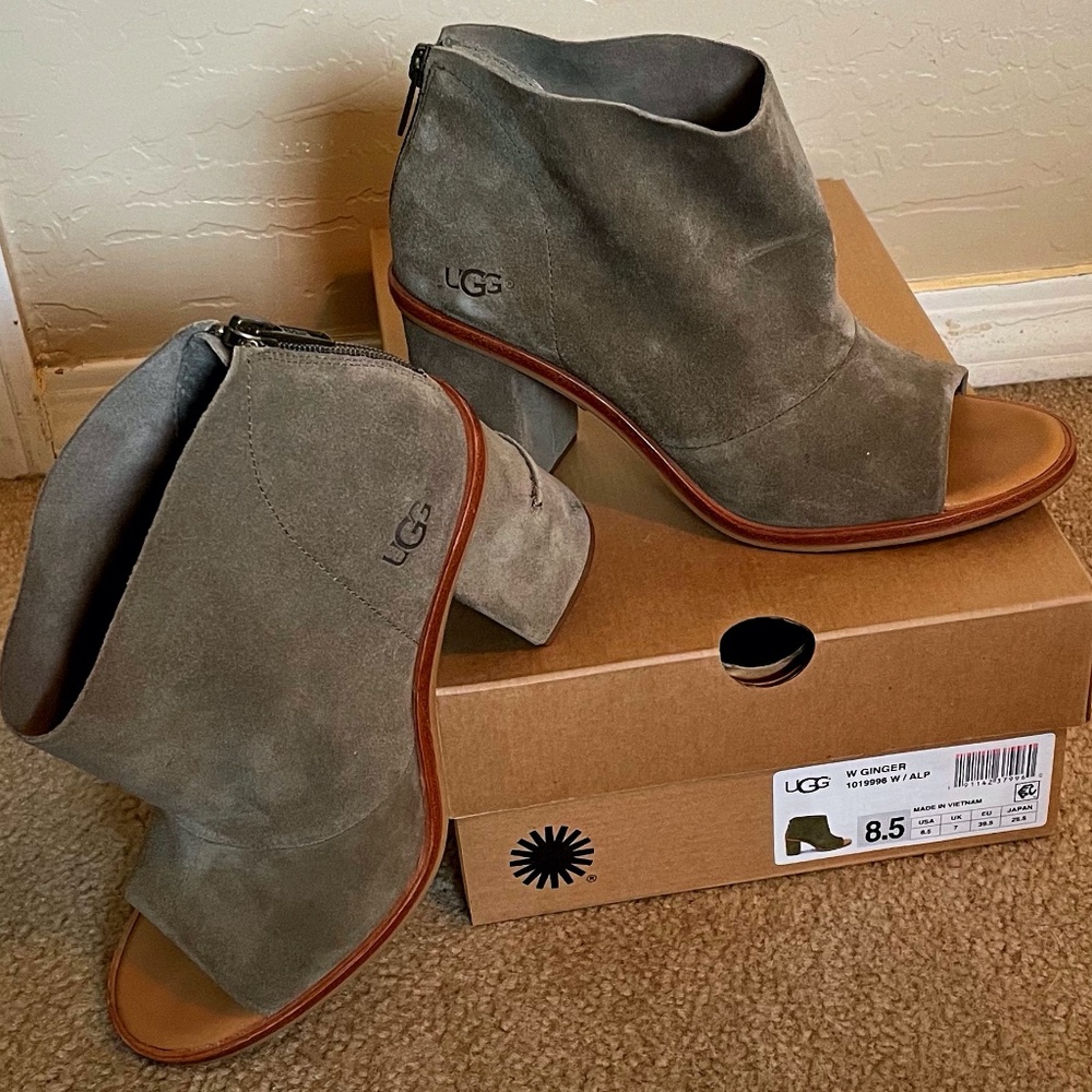 UGG Cameo Green Suede Peep Toe Booties, Size 8.5M
